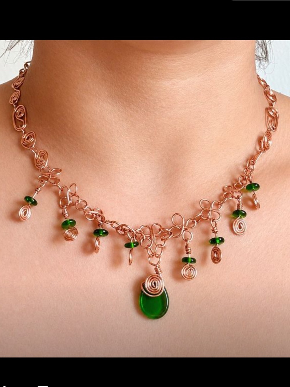 Handcrafted Rose Gold Wire Necklace with Green Glass Pendant - Women Jewelry